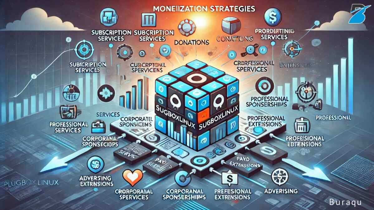 Infographic on PlugboxLinux Tech's monetization strategies, highlighting innovation and financial growth.