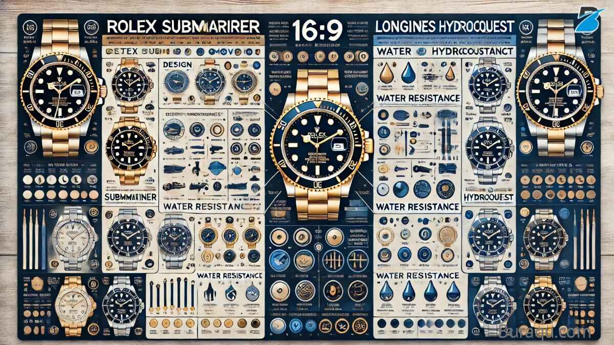 A comparison chart highlighting key differences between the Rolex Submariner and Longines HydroConquest watches