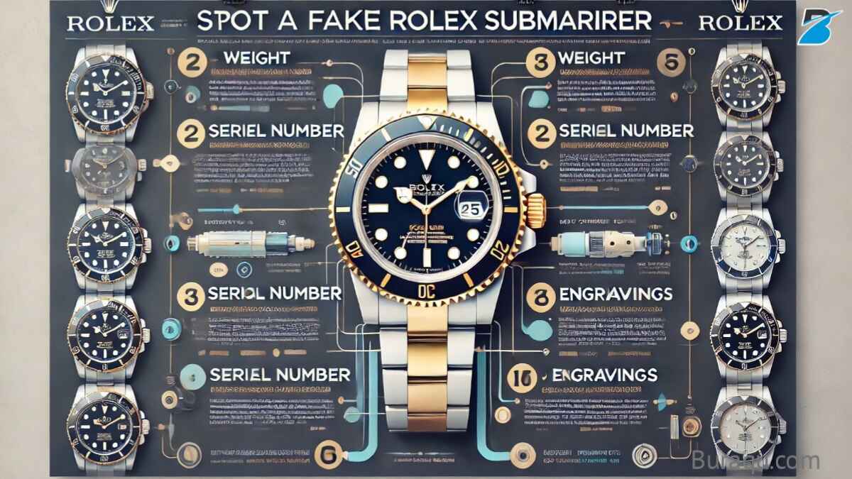 A flowchart detailing the steps to identify a fake Rolex Submariner, outlining key indicators and checks