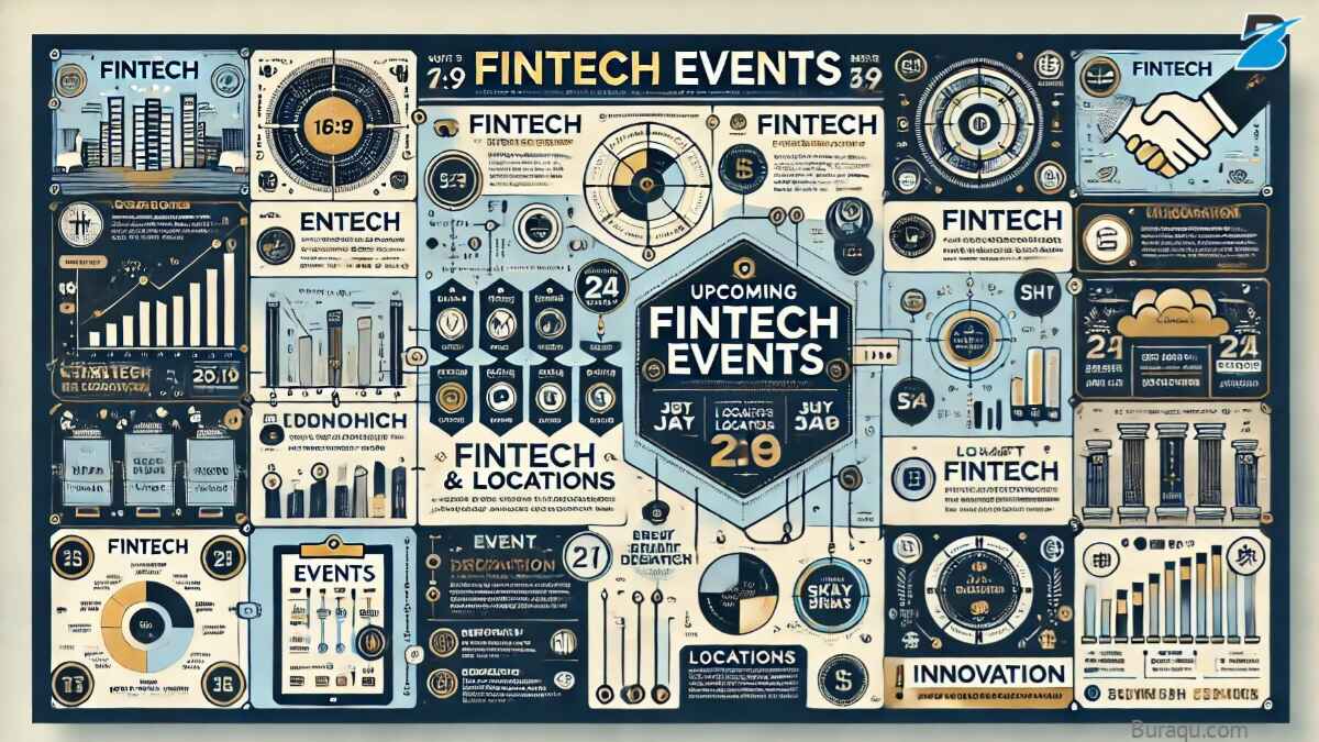 An infographic detailing upcoming fintech events, including dates, locations, and key topics